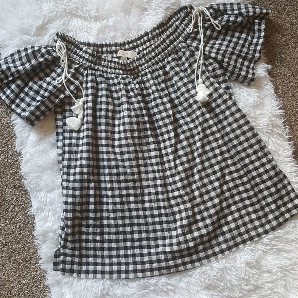 Loft Black and White Checkered Top with Tassels Size Small